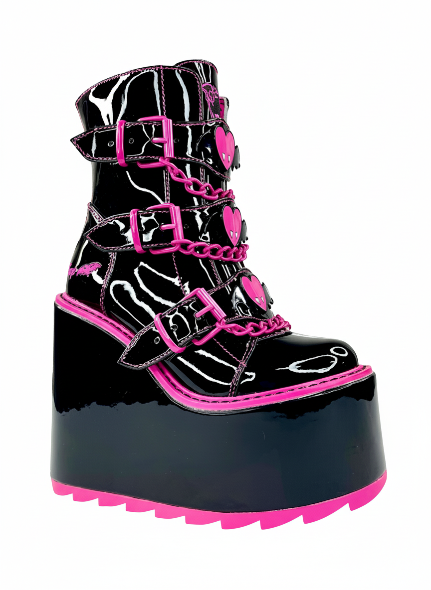 Black platform boot with pink accents on a white background