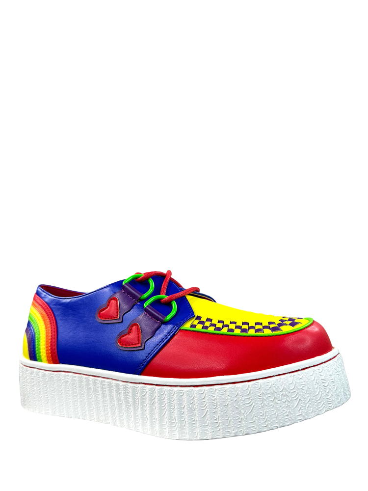 Colorful sneaker with rainbow pattern, heart design, and checkered pattern on a white background
