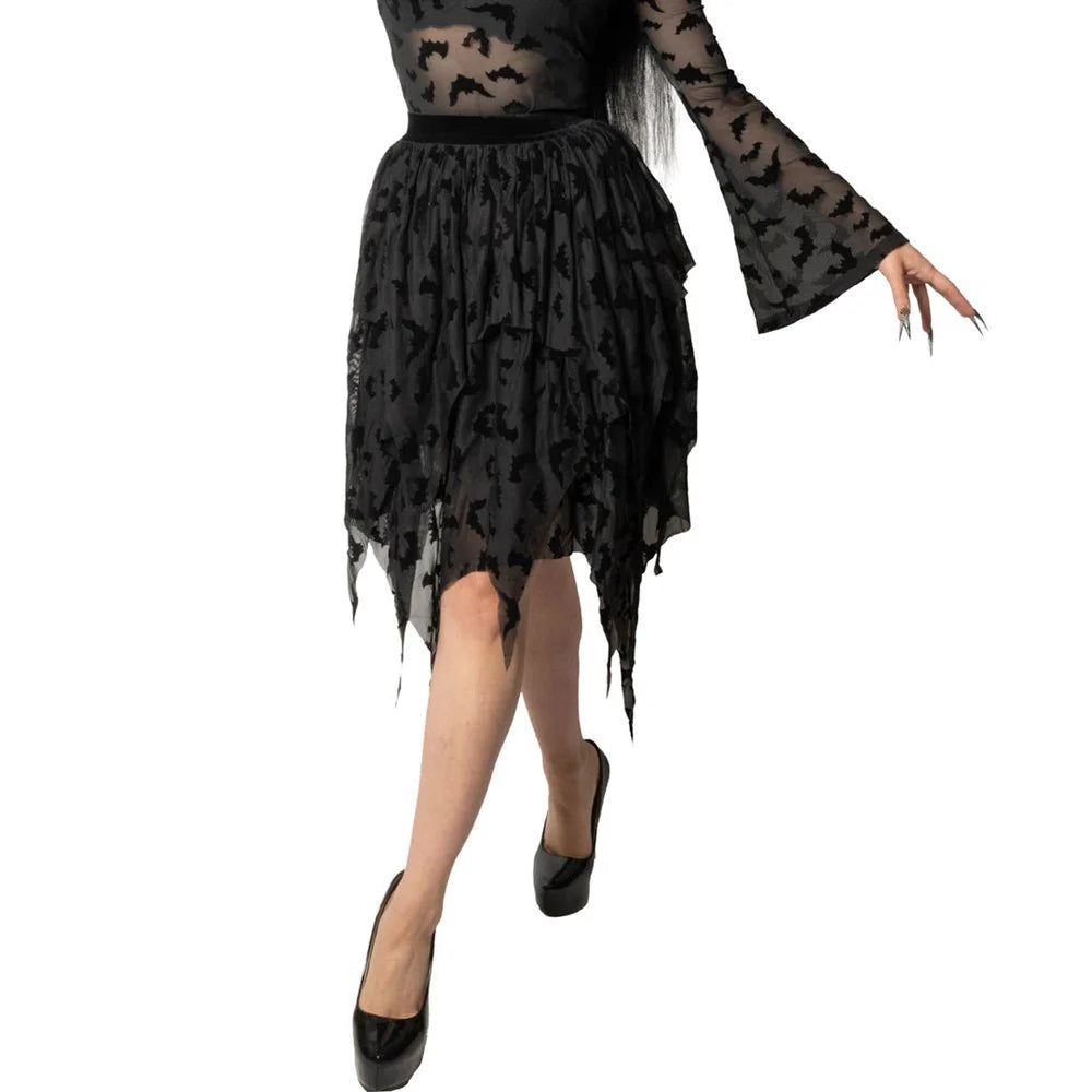 BAT REPEAT MESH TIERED MIDI SKIRT - BLACK