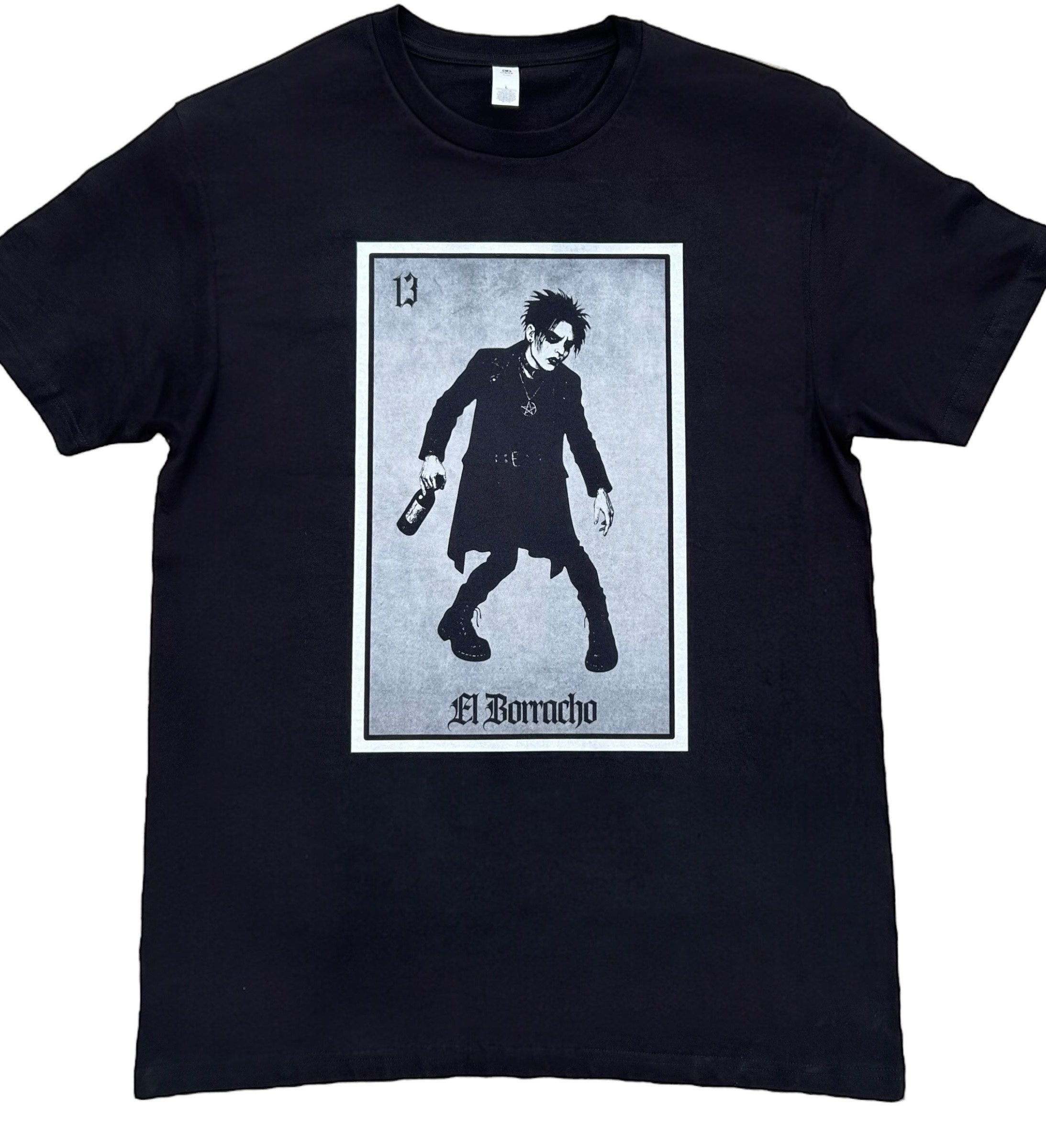 Black t-shirt with a graphic design of a character labeled 'El Borracho' on a white background