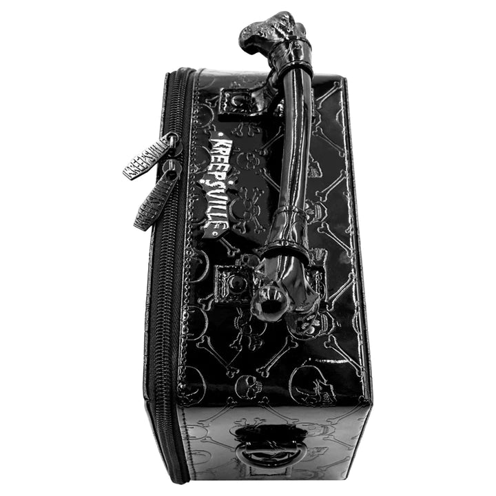 EMBOSSED PATENT SKULL CROSSBONES COFFIN PURSE BAG