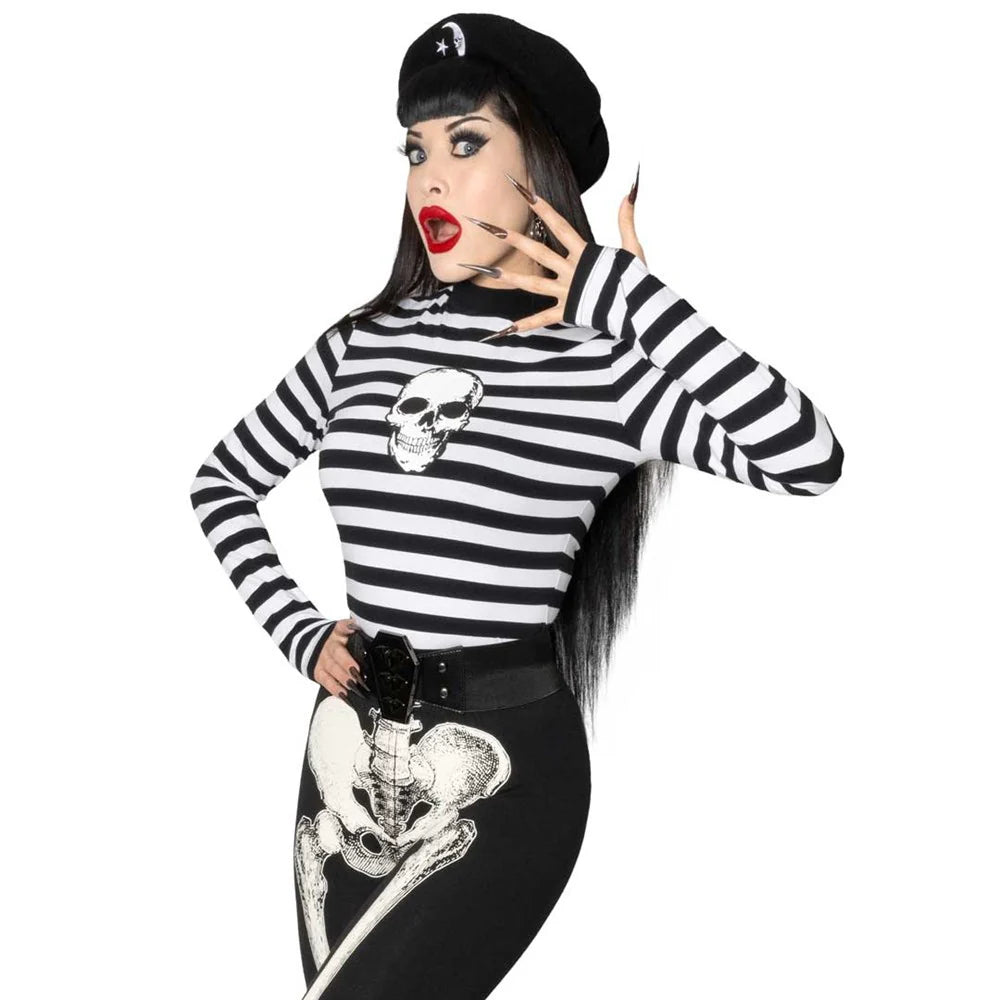Skull Black White Striped Long Sleeve Top