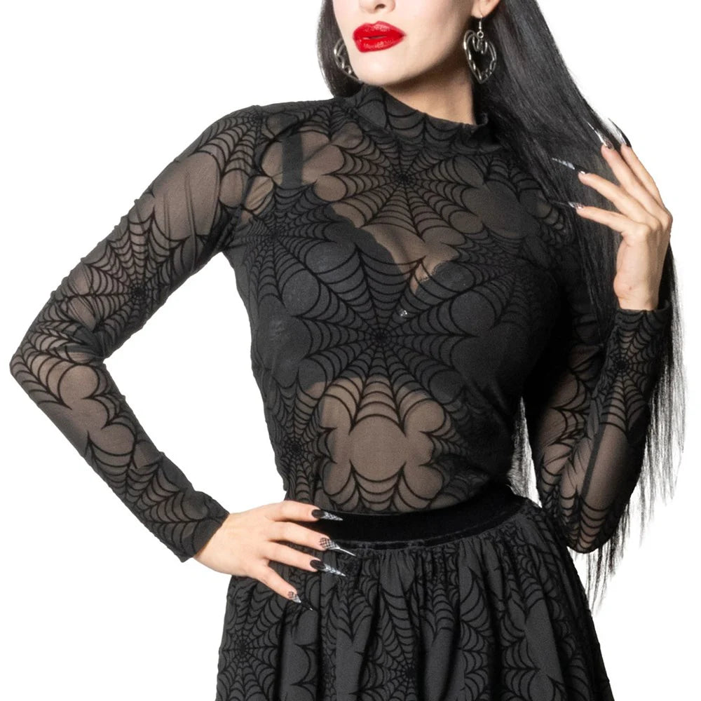 SPIDERWEB MESH MOCK NECK TOP - BLACK