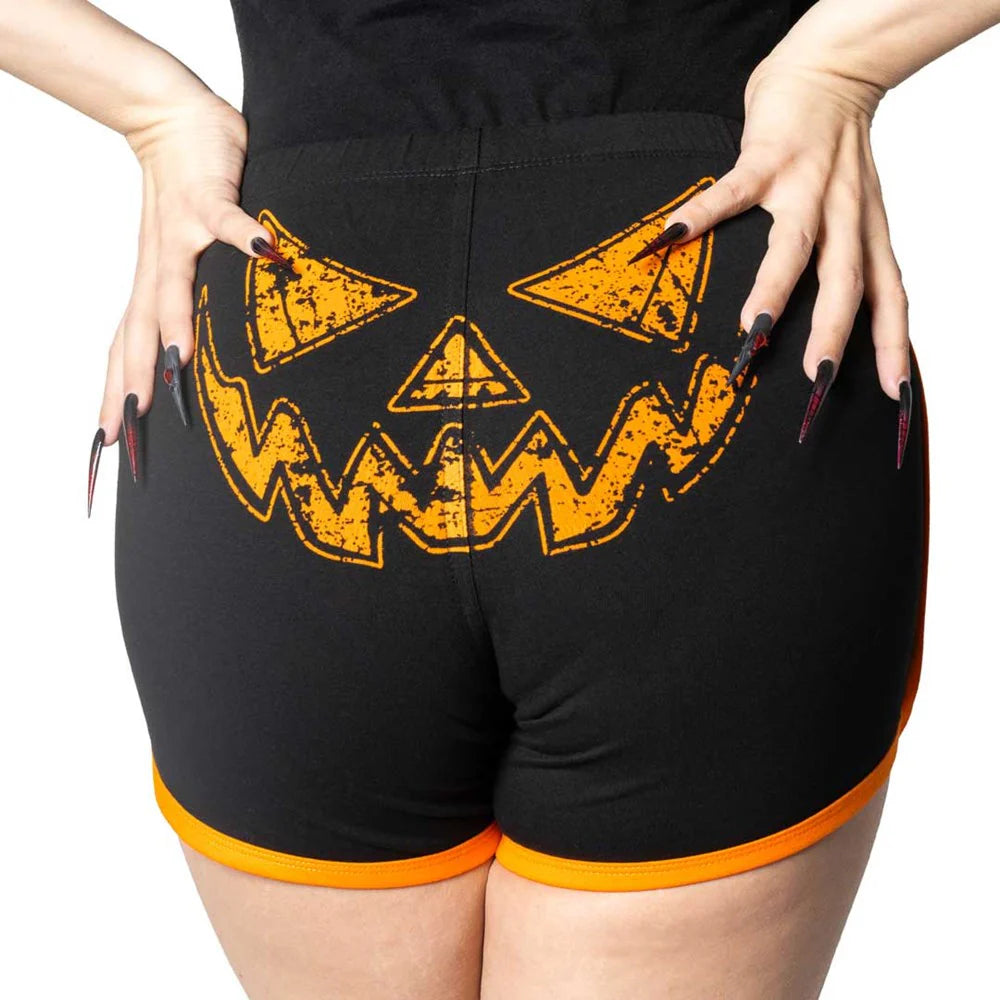 PUMPKIN TRICK OR TREAT WOMENS BOOTY SHORTS - BLACK