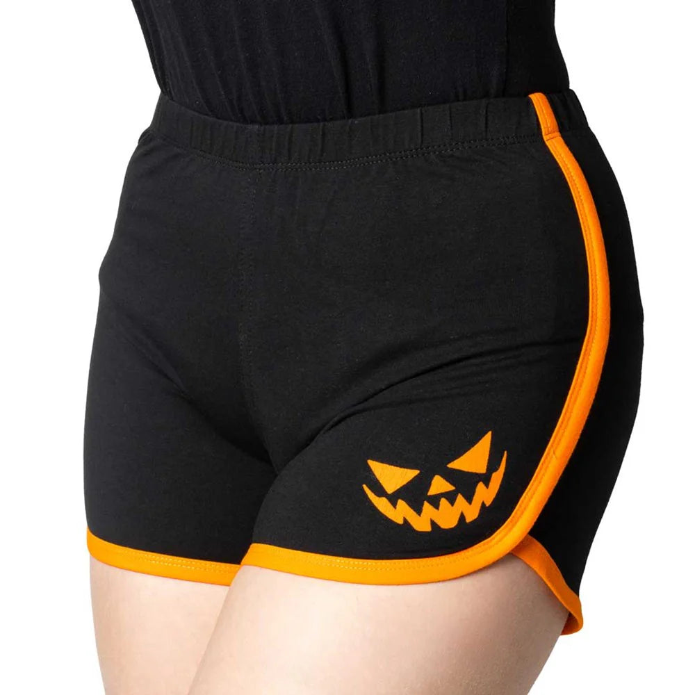 PUMPKIN TRICK OR TREAT WOMENS BOOTY SHORTS - BLACK