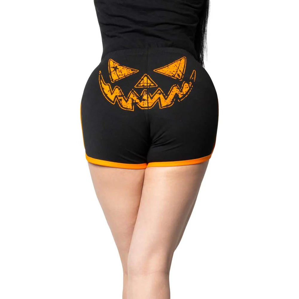 PUMPKIN TRICK OR TREAT WOMENS BOOTY SHORTS - BLACK