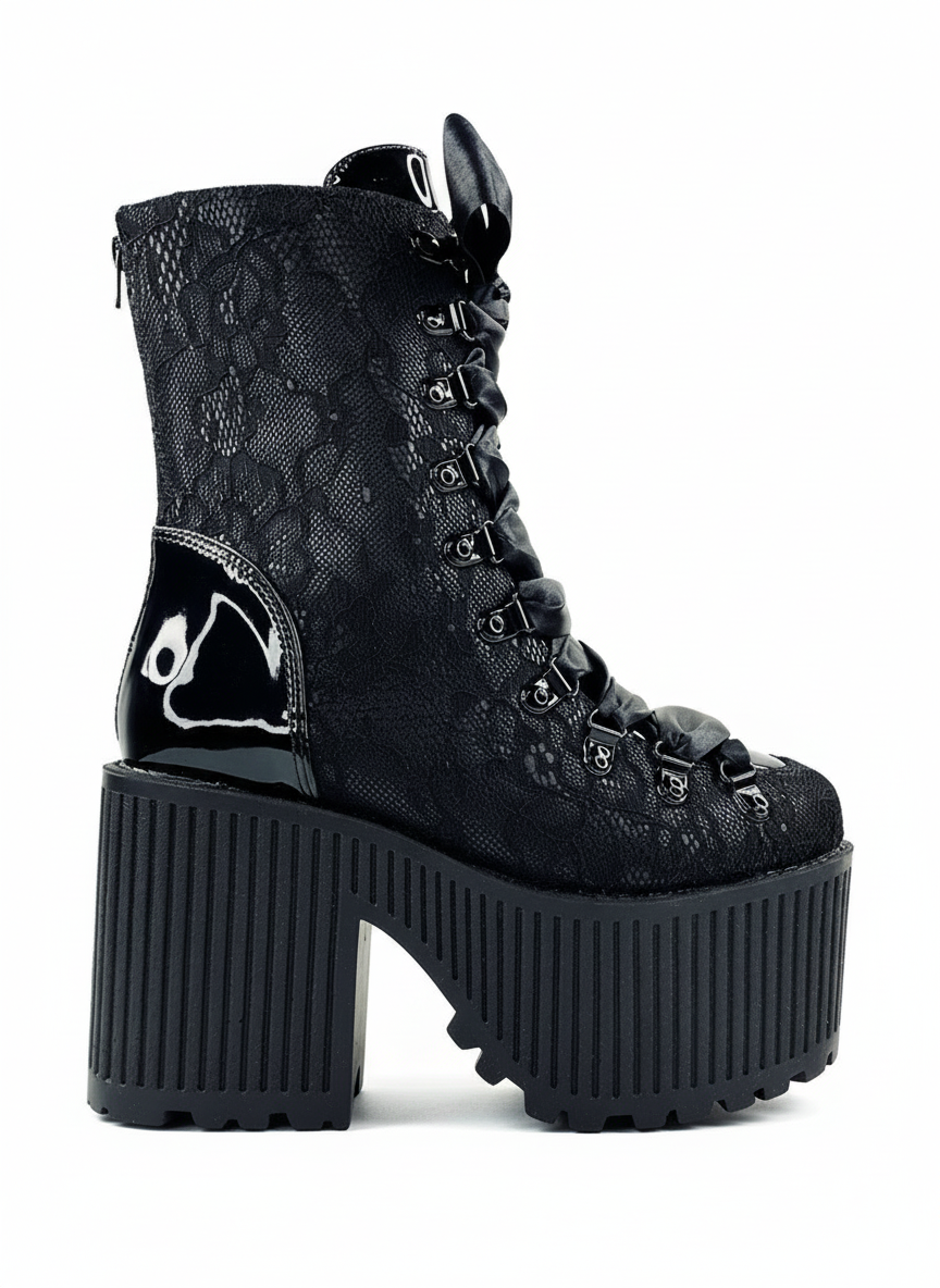 Black lace-up platform boot on a white background