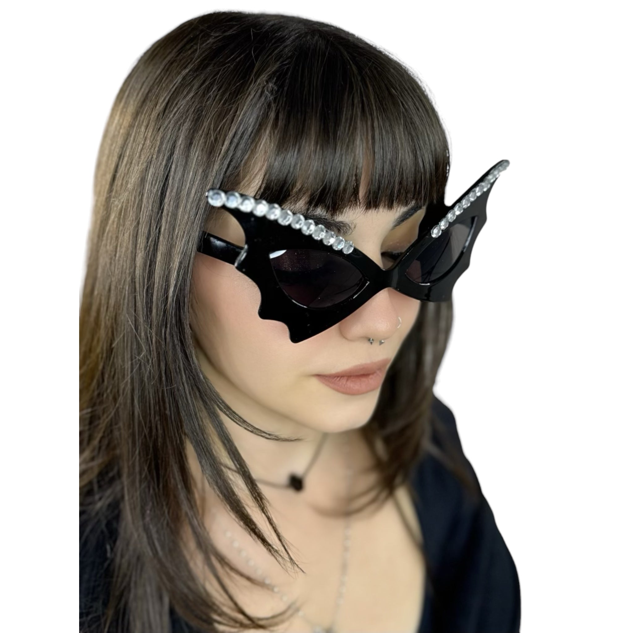 BAT OVERSIZED RHINESTONE SUNGLASSES - BLK/WHITE