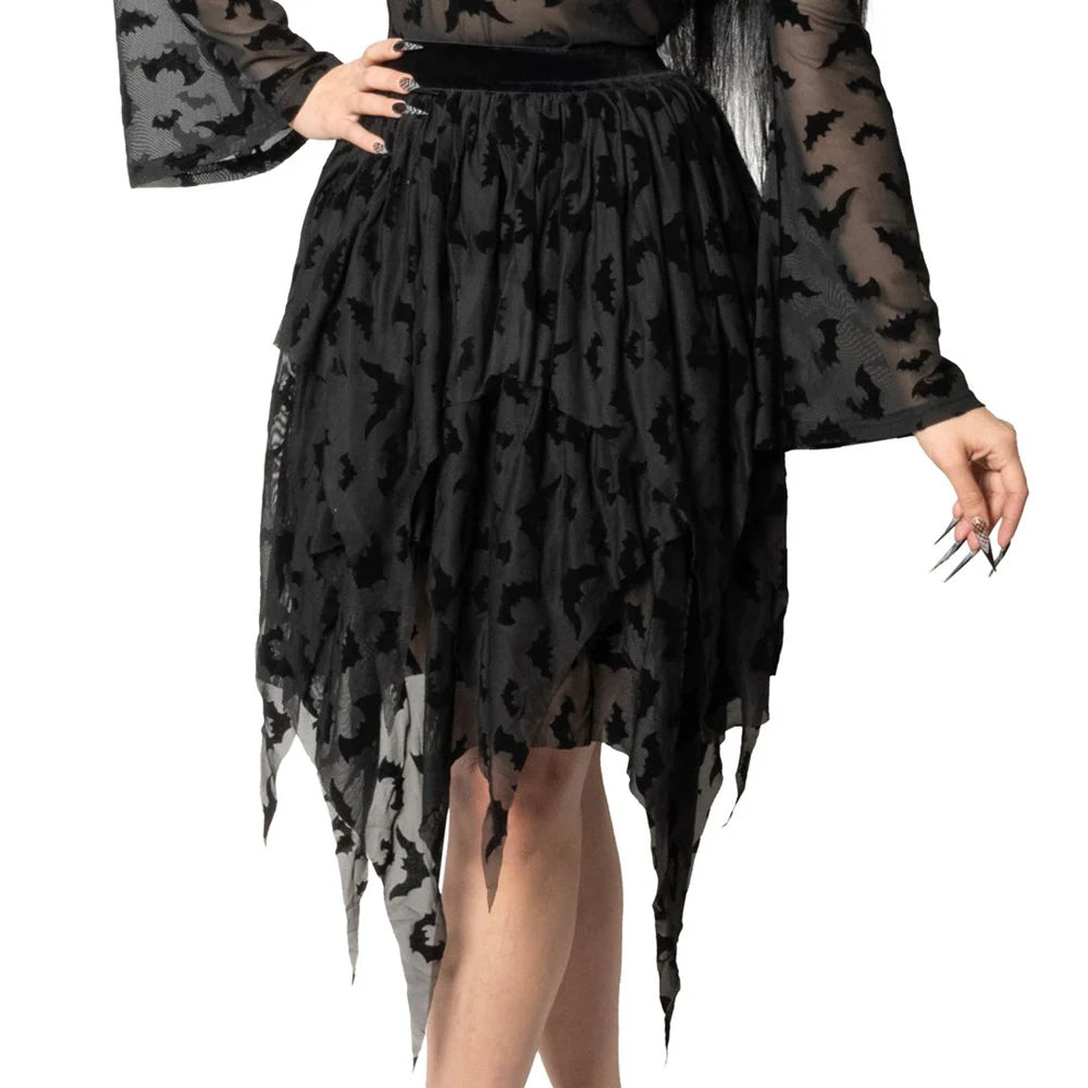BAT REPEAT MESH TIERED MIDI SKIRT - BLACK