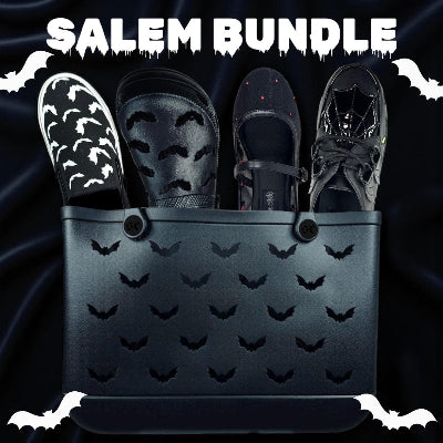 Black tote bag with bat patterns and shoes on a dark background with 'Salem Bundle' text.