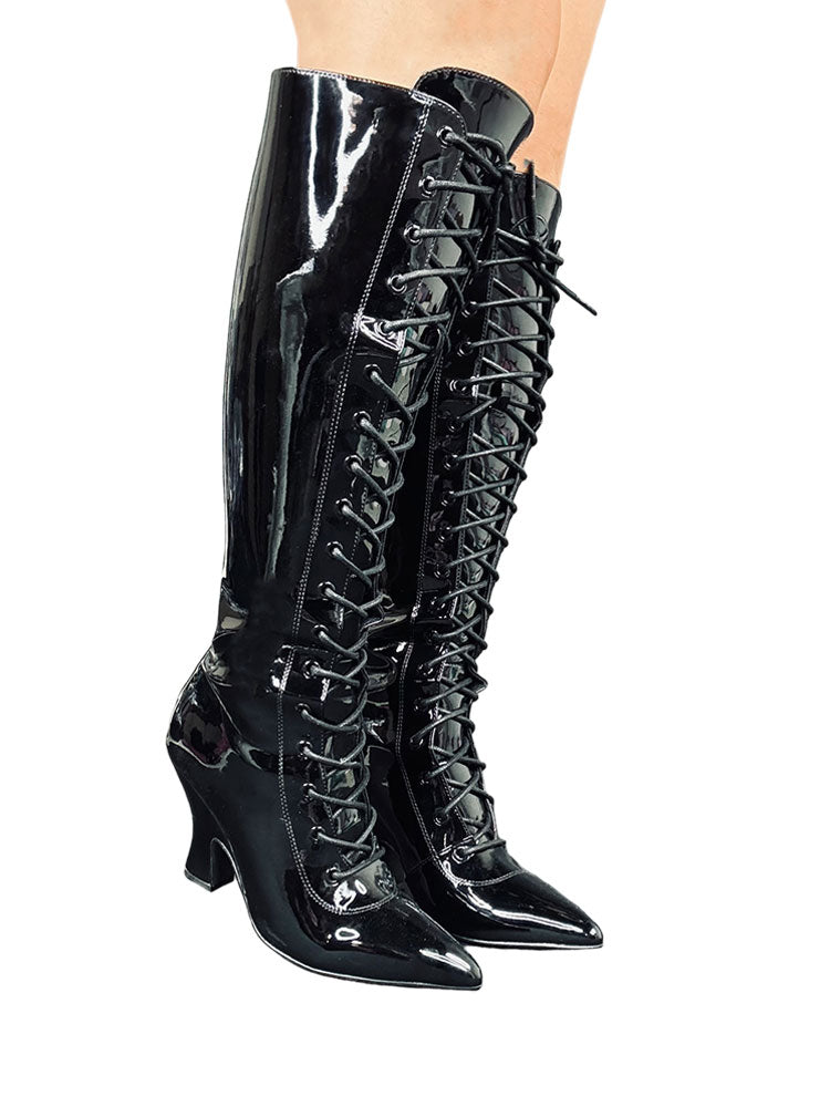 Patent black lace fashion up boots